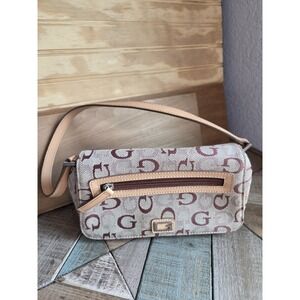 Vintage Guess Shoulder Bag Tan Jacquard Canvas G Monogram Shoulder Purse 90s Y2K
